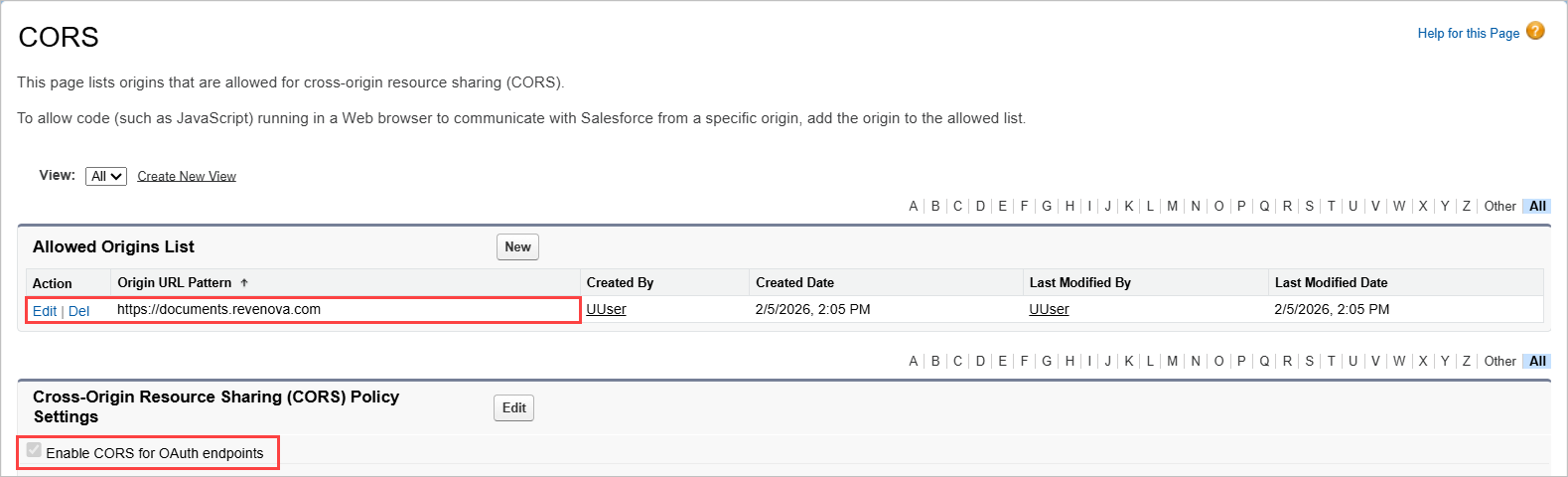 CORS settings page showing allowed origins and policy settings for OAuth endpoints.